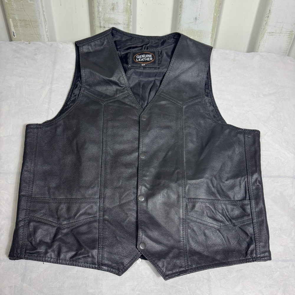 Genuine Leather Mens Motorcycle Vest Black Lined Snap‎ Front V-Neck Outdoor 52